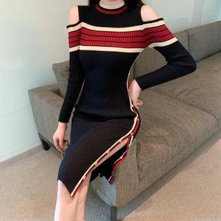 Cutout-shoulder Side-slit Knit Midi Dress Black - One Size