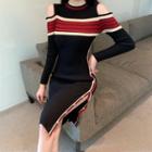 Cutout-shoulder Side-slit Knit Midi Dress Black - One Size