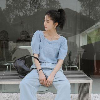 Puff-sleeve Shirred Denim Blouse