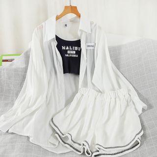 Set: Lettering Shirt + Crop Tank Top + Shorts Set Of 3 - Shirt & Tank Top & Shorts - Black & White - One Size