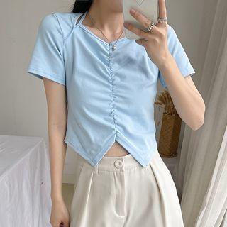 Short-sleeve V-neck Irregular Crop Top Light Blue - One Size
