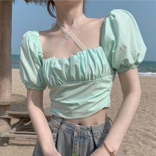 Puff-sleeve Square Neck Ruched Crop Top