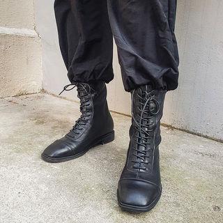 Square-toe Lace-up Fleece-lined Short Boots