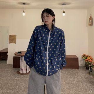 Heart Print Denim Zip Jacket