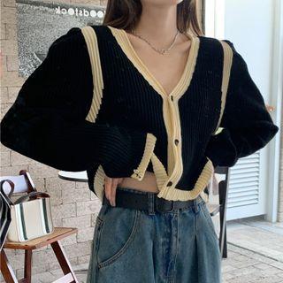 Contrast Trim Cropped Cardigan Almond Trim - Black - One Size