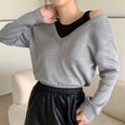 Mock Two-piece Off-shoulder Color Panel Long-sleeve Knit Top