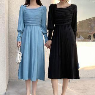 Long-sleeve Mesh Panel Midi A-line Skirt