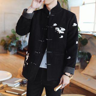 Cranes Embroidered Frog-button Padded Jacket