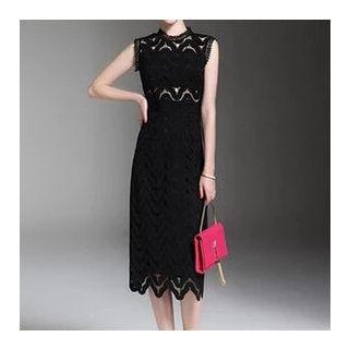 Sleeveless Embroidered Stand Collar A-line Cutout Plain Panel Lace Sheath Dress