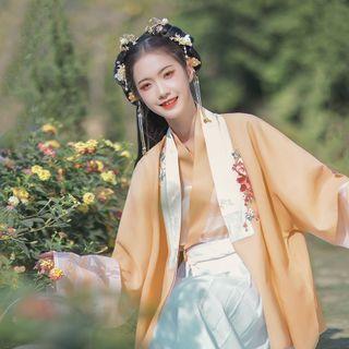 Set: Long-sleeve Hanfu Top + Maxi A-line Skirt + Elbow-sleeve Jacket