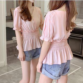 Puff-sleeve Plain V-neck Waist Crinkled Top