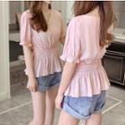 Puff-sleeve Plain V-neck Waist Crinkled Top
