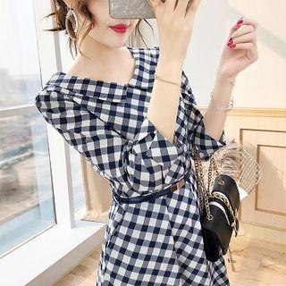 Elbow-sleeve Gingham V-neck Dress