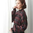 Balloon-sleeve Mock Neck Plaid Blouse Wine Red - One Size