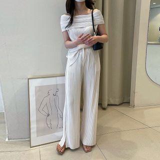 Off-shoulder Ribbed Blouse / Wide Leg Pants