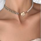 Rhinestone Faux Pearl Necklace Type A - Flower - Pink - One Size
