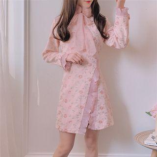 Long-sleeve Ruffled Floral Embroidered A-line Dress