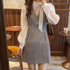 Long-sleeve Tie-neck Blouse / Mini A-line Overall Dress