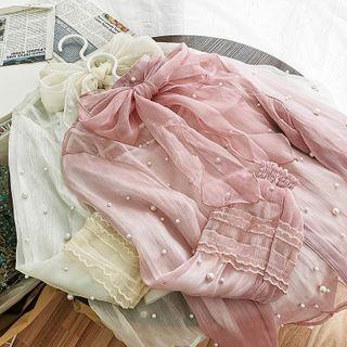 Faux Pearl Tie-neck Blouse