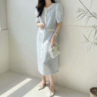 Puff-sleeve Midi A-line Tweed Dress