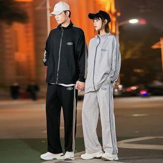 Set: Long-sleeve Contrast Trim Zip Jacket + Sweatpants