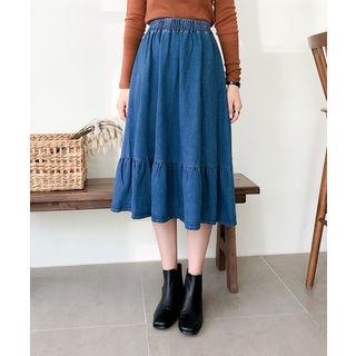 Band-waist Ruffle-hem Denim Midi Skirt