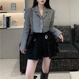 Houndstooth Long-sleeve Cropped Blazer / High-waist A-line Shorts