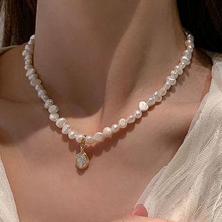 Faux Cat Eye Stone Pendant Freshwater Pearl Necklace White - One Size