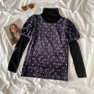 Puff-sleeve Velvet Top / Long-sleeve Mock-neck Mesh Top / Set