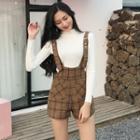 Mock-neck Long-sleeve Knit Top / Plaid Suspender Shorts