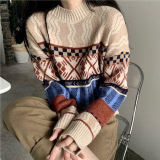 Mock-neck Patterned Sweater Almond - One Size
