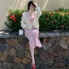 Plain Ribbed Cardigan / Square Neck Plain T-shirt / Gingham Maxi Skirt / Set