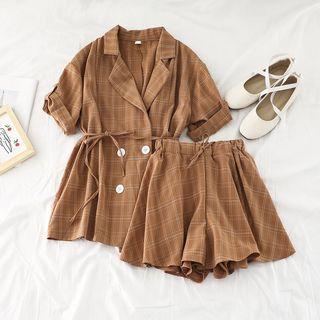 Set: Plaid Short-sleeve Top + High-waist Shorts