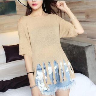 Fringe Hem Elbow-sleeve Knit Top