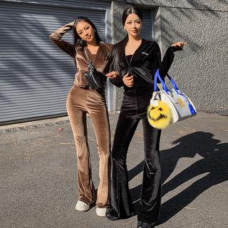 Set: Cropped Velvet Zip-up Hoodie + Tube Top + Boot-cut Pants