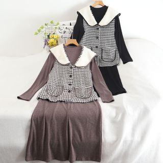 Set: Plaid Vest + Plain Long Sleeve Dress