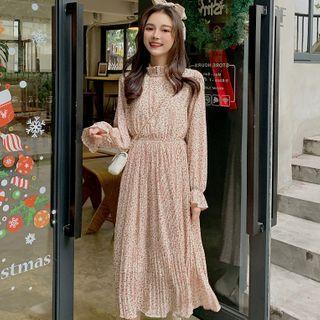 Long-sleeve Floral Chiffon Mock-neck A-line Midi Dress