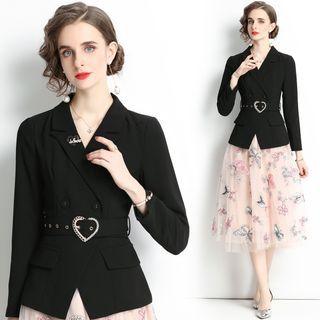 Set: Belted Open-front Blazer + Floral Embroidered Mesh Midi A-line Skirt