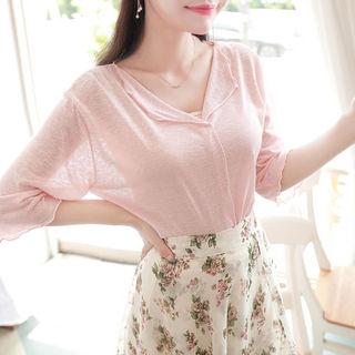Open-placket Lettuce-edge Sheer T-shirt