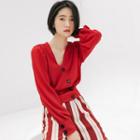 Long-sleeve V-neck Blouse Red - One Size