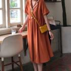 Short-sleeve Collar Midi A-line Dress Tangerine - One Size