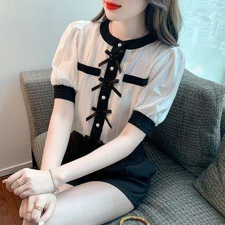 Puff-sleeve Ribbon Two-tone Top