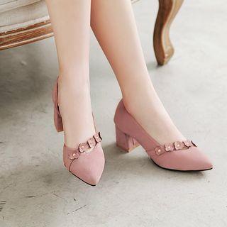 Faux Suede Floral Accent Dorsay Block Heel Pumps