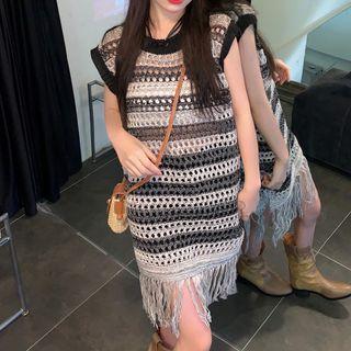 Fringed Trim Striped Knit Tank Top Black & White - One Size