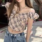 Short-sleeve Plaid Cold-shoulder Crop Top