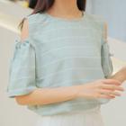 Striped Cold-shoulder Elbow-sleeve T-shirt
