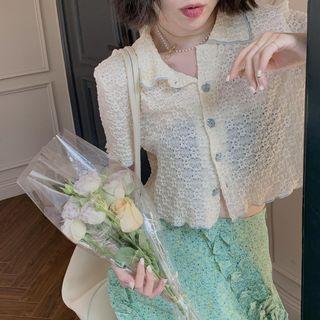 Short-sleeve Lace Top Beige - One Size