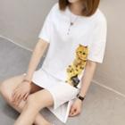Short-sleeve Cat Print Long T-shirt