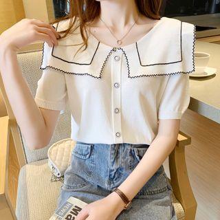 Puff-sleeve Embroidered Trim Collar Polo Knit Top