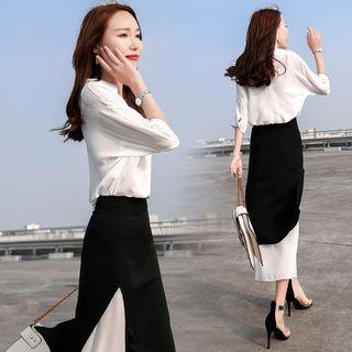 Set: Plain Shirt + Color-block Midi Skirt